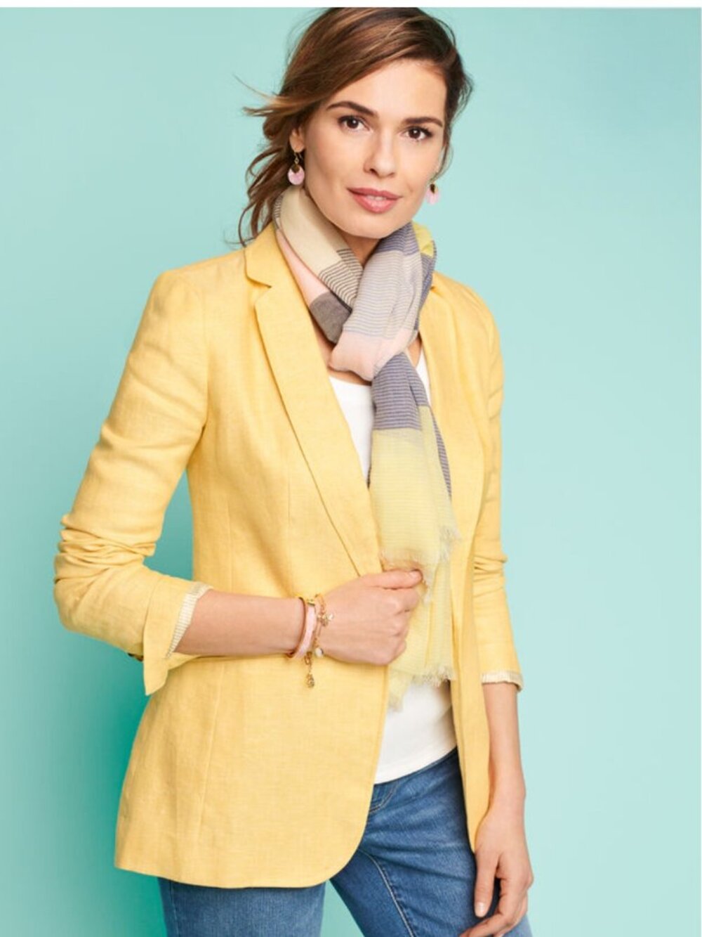 Talbots Butter Yellow Tailored Linen Blazer with Contrast lining